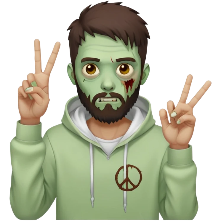 zombie making peace sign, undercut hairstyle with dark brown hair, short full beard, wearing plain white hoodie emoji