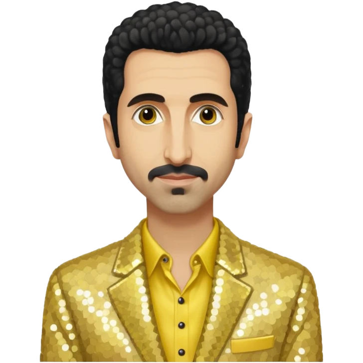 Serj Tankian with ivory sequin jacket, yellow shirt emoji