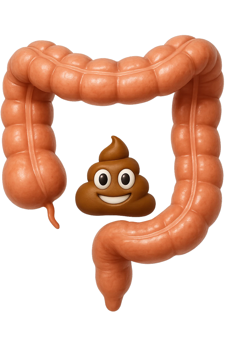 EMOJI STILE IPHONE DI UN TRATTO DI COLON INTESTINALE CHE FLUTTUA IN ARIA CON ALL'INTERNO DELLE FECI, IPERREALISTICO 4K emoji