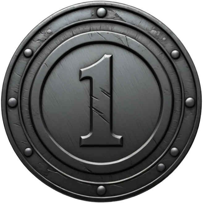 Minimal emoji, gothic metal coin made of black steel, engraved number 1 at the center, ancient industrial aesthetic, worn metal texture, no glow, no neon, flat emoji design, centered, transparent background emoji