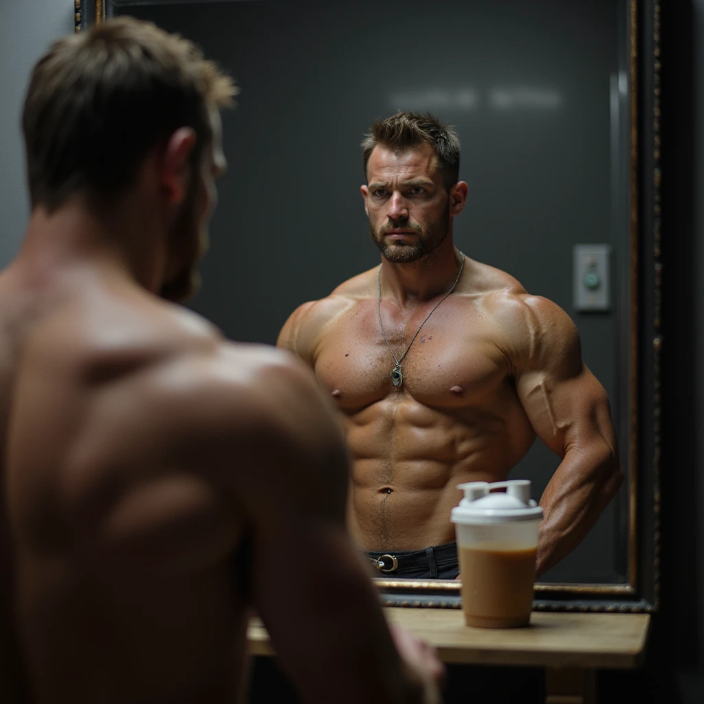 realistic bodybuilder man in cutting phase, in front of mirror, slightly deflated muscles, visible but less pronounced veins, worried look, gym background with dim light, protein shaker on bench emoji