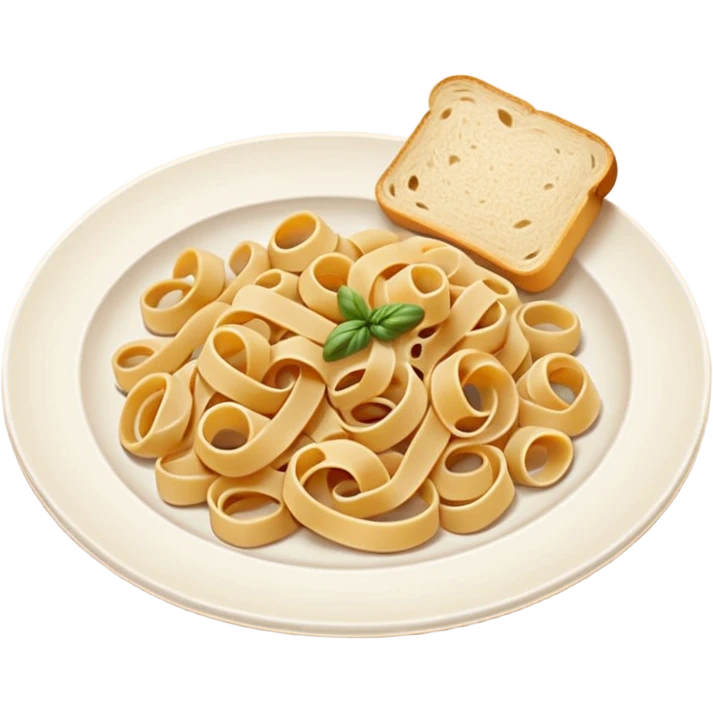 European cuisine humanless avatar in modern emoji-style illustration. Plate with pasta and bread, neutral warm colors, simple shapes, flat design, elegant and friendly. emoji