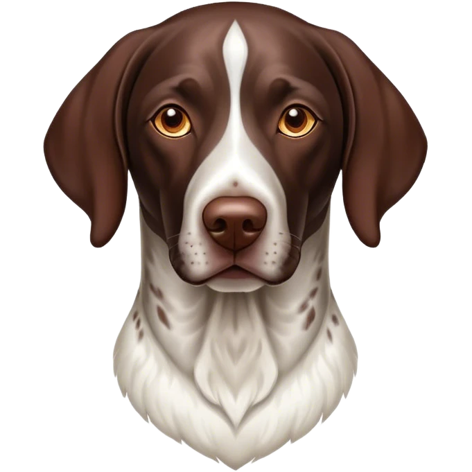 Cinematic Noble German Pointer Portrait Emoji, Poised and regal, with a lean, athletic build and a sleek, short coat in liver and white, deep-set soulful brown eyes, Simplified yet sharp and sophisticated features, highly detailed, glowing with a soft, dignified glow, high shine, intelligent and driven, stylized with an air of determination, focused and attentive, soft glowing outline, capturing the essence of a watchful and commanding hunter, so majestic it feels as though it could sprint out of the screen with effortless authority! emoji