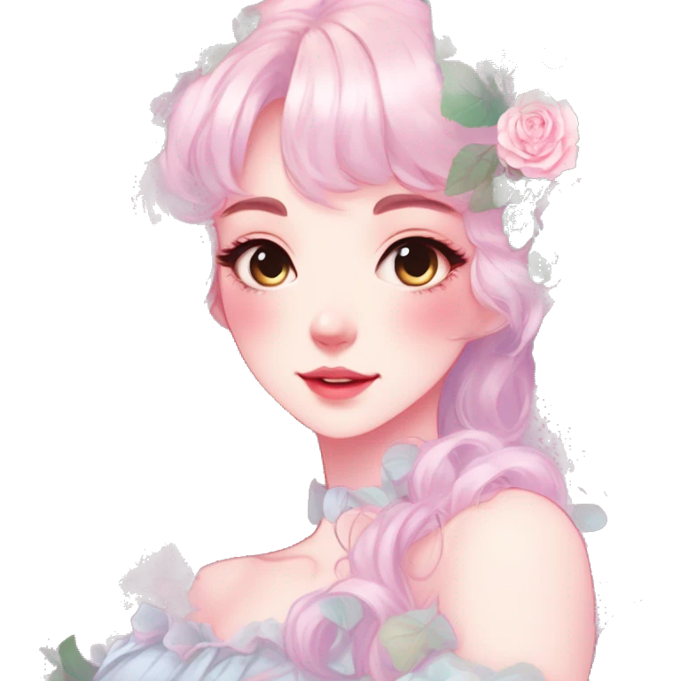 Gorgeous pastel shiny pearly colorful anime style lady with blushing face and roses leaves shiny cottagecore fairycore pastelcore aesthetic trending style emoji