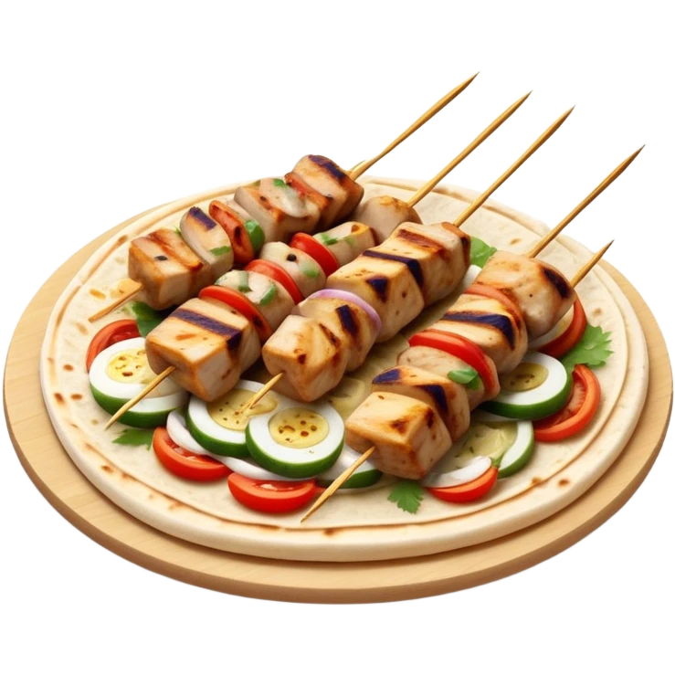 cinematic-realistic-souvlaki-dish-emoji,-showcasing-skewered,-grilled-chicken-with-mediterranean-spices-rendered-with-dynamic-textures-and-warm,-appetizing-lighting on pita bread emoji