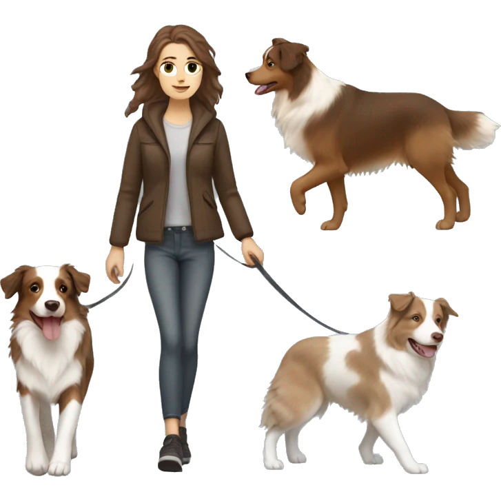 white girl with brown hair walking brown beige and white australian shepherd dog emoji
