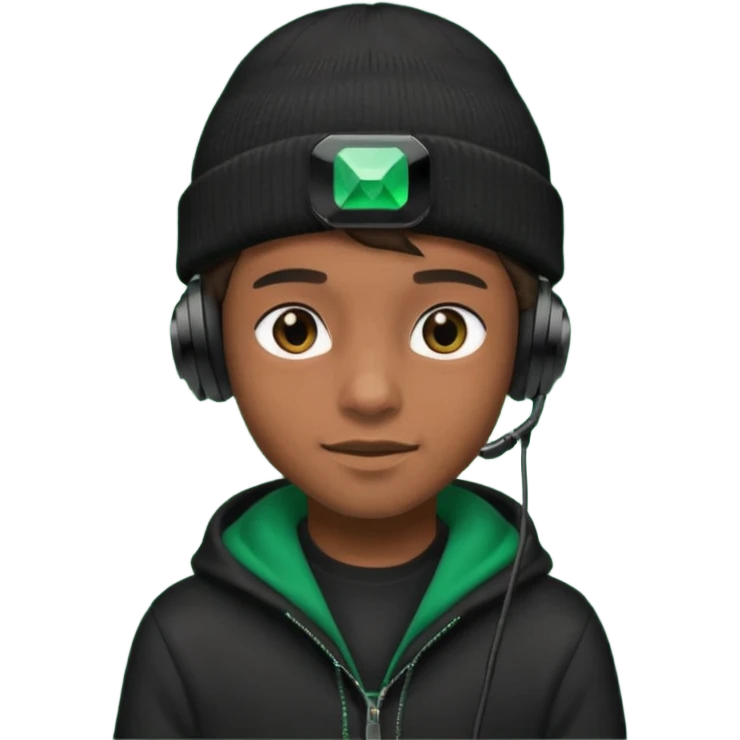 garcon avec un bonnet noir avec un emeraude dessus et un casque gaming emoji