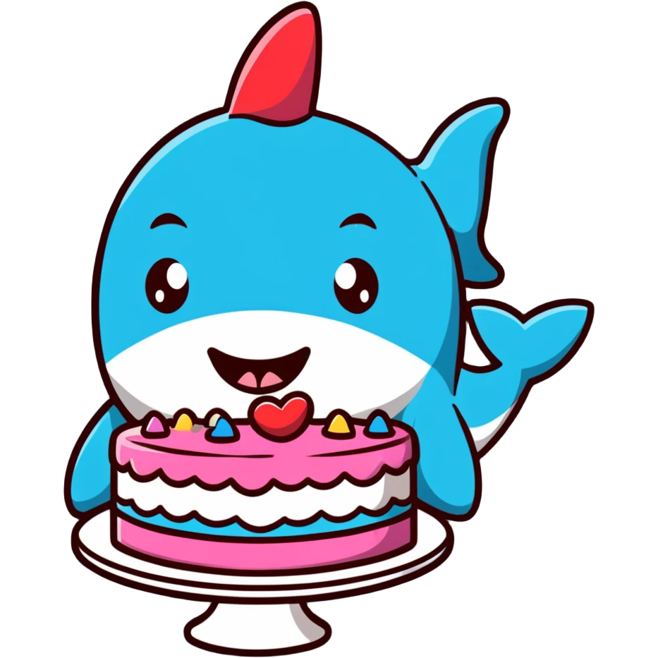 cartoon shark with lips puckered, directly kissing a frosted birthday cake emoji