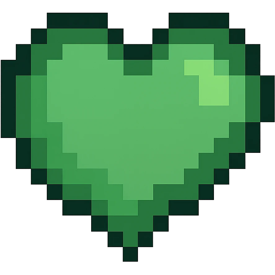 Create a pixel art heart in green color with no background. The style should resemble pixel art. emoji