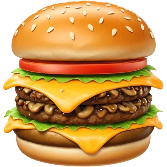 mushroom burger object icon, sauteed mushrooms, beef patty, melted cheese, sesame bun, 3D cartoon, mobile game icon style, clean background, no text, no watermark
 emoji
