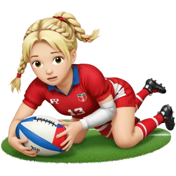 Chica de pelo rubio tirada en el suelo boca abajo agarrando un balón DE RUGBY con las manos vestida con una equipación de color rojo y blanco con líneas y con unas botas de tacos de fútbol, con un bucal en la boca y el pelo con trenzas, se la tienen que ver las 2 piernas  emoji