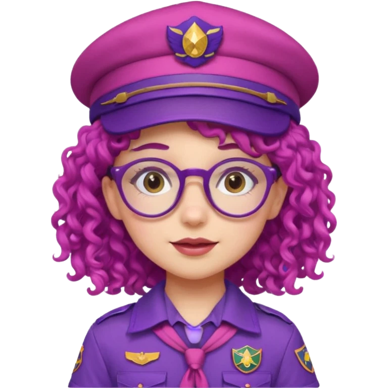 scout girl with very pink scout uniform including hat, purple curly haired and glassess emoji