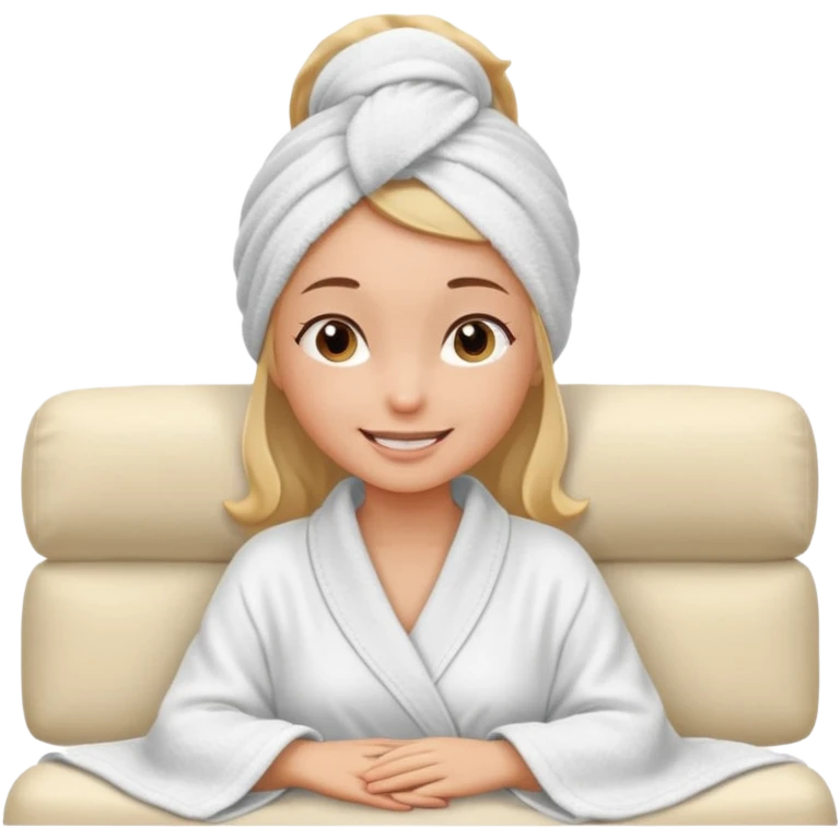spa A contented and relaxed girl with a towel on her head in a white robe lies on a couch. The icon displays the couch and the girl in full three-quarter view. emoji