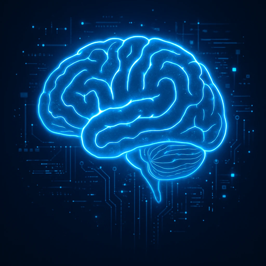 AI brain, futuristic, glowing, digital elements, modern style emoji