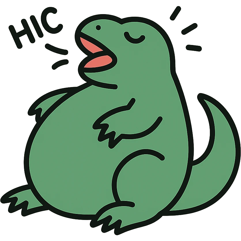 A fat green komodo dragon with a round belly, in mid-hiccup with small motion lines emoji