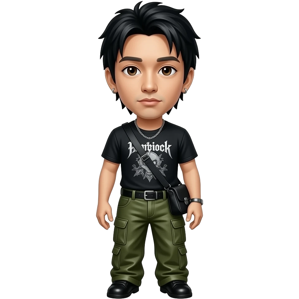 Mike Shinoda with dark brown eyes, black hair, black metallic rock t-shirt, olive green metallic rock baggy pants, necklace and earrings emoji