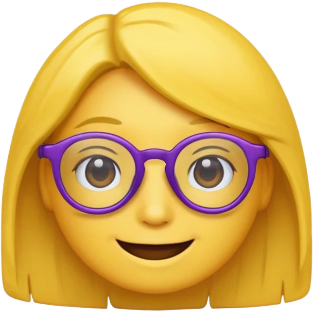 un emojis amarillo, con el cabello corto,lacio y negro, con lentes violeta y una sonrisa emoji