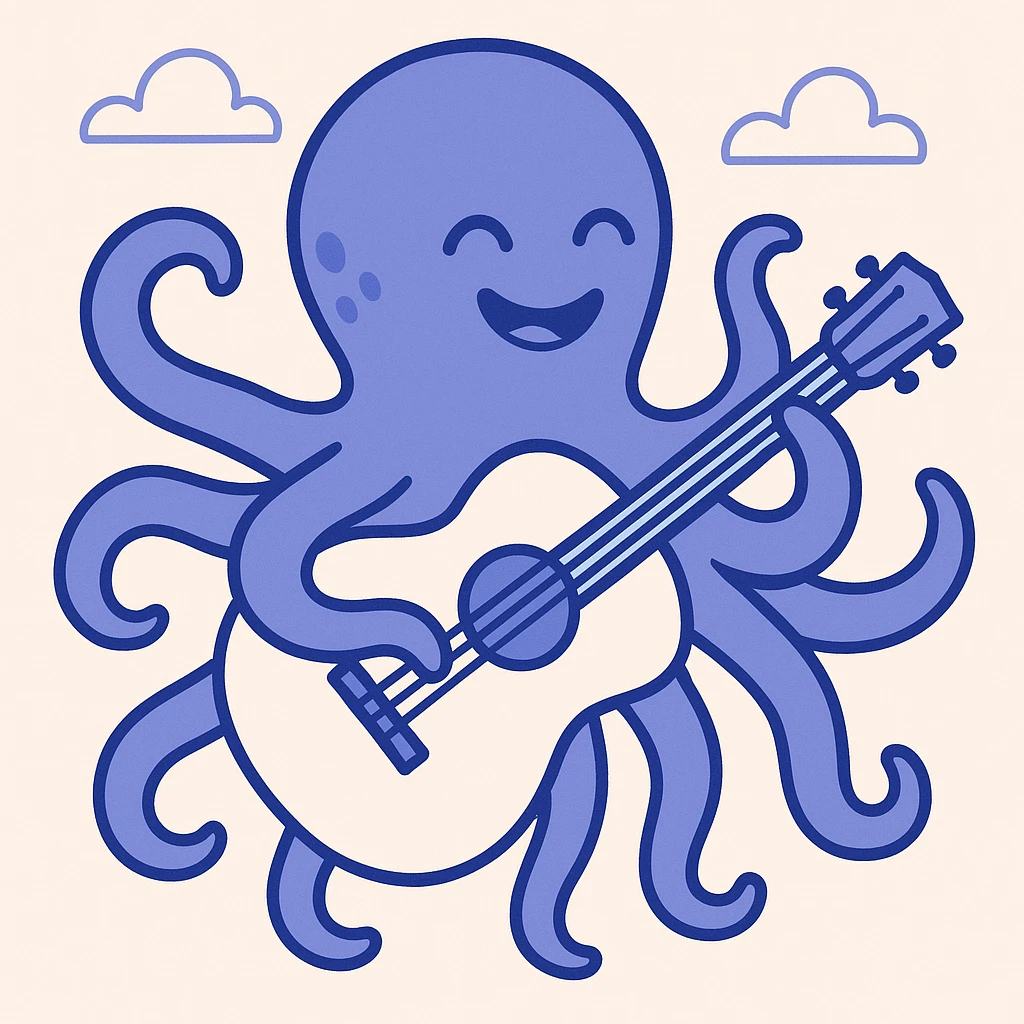 happy octopus with multiple arms playing guitar emoji