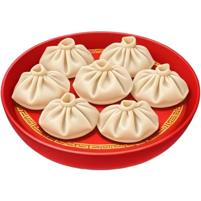 Chinese New Year dumplings Jiaozi with red background elements, simplified emoji style with bold outlines and bright colors, cartoon style festive food emoji
