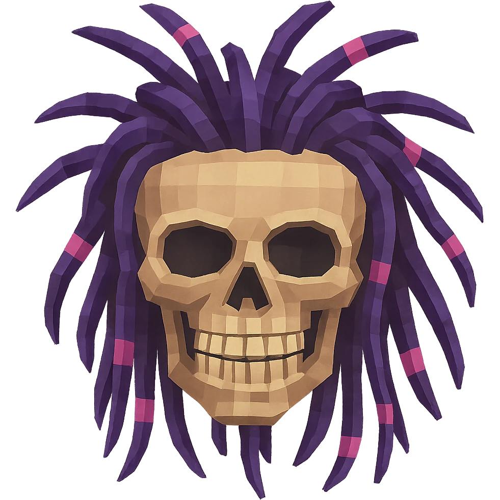Change the dreadlocks to purple and pink ombre, keep the 3D cartoon skull style, no background. emoji