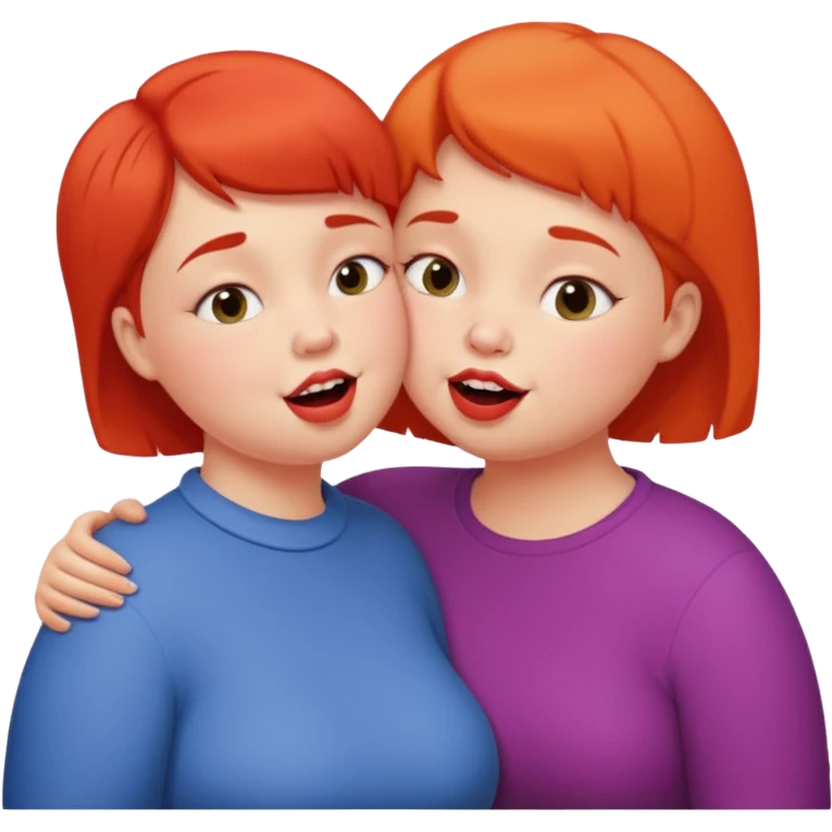 Chubby little woman kissing tall woman with huge teeth and short hair emoji