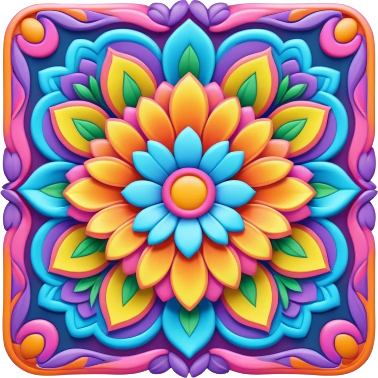 Create a 3D ultra detailed psychedelic colored square shaped hippie style flower border emoji