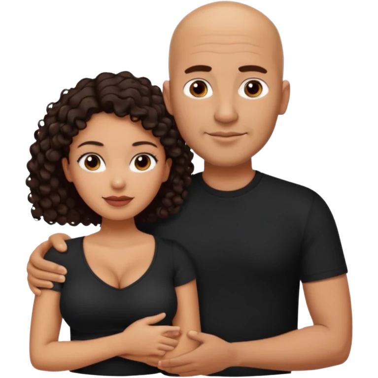 A picture of a tanned couple with the man's arm around her. the man is a Mexican man with tanned skin, a bald hair cut, short beard and wearing a black shirt. the woman is mixed, with curly dark brown hair and with big boobs  emoji