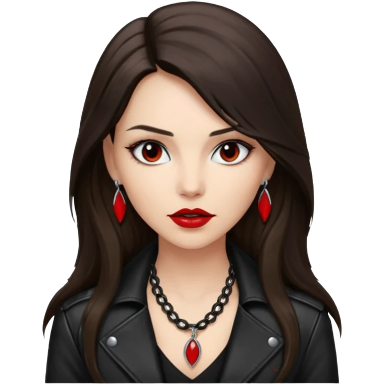 brunette with very long hair in black cuir jacket with red lips and very dark brown eyes and white shirt and mysterious necklace emoji