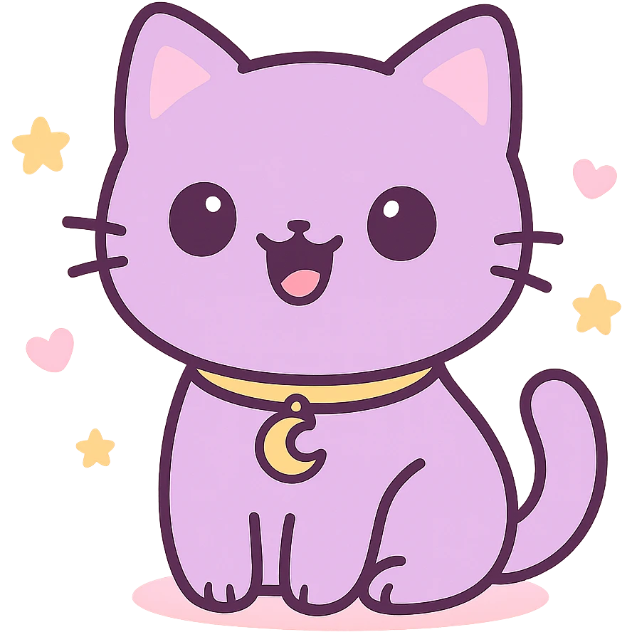 purple cat with solid black eyes, wide open black mouth with no teeth, gold crescent moon pendant on its neck, cute cartoon style emoji