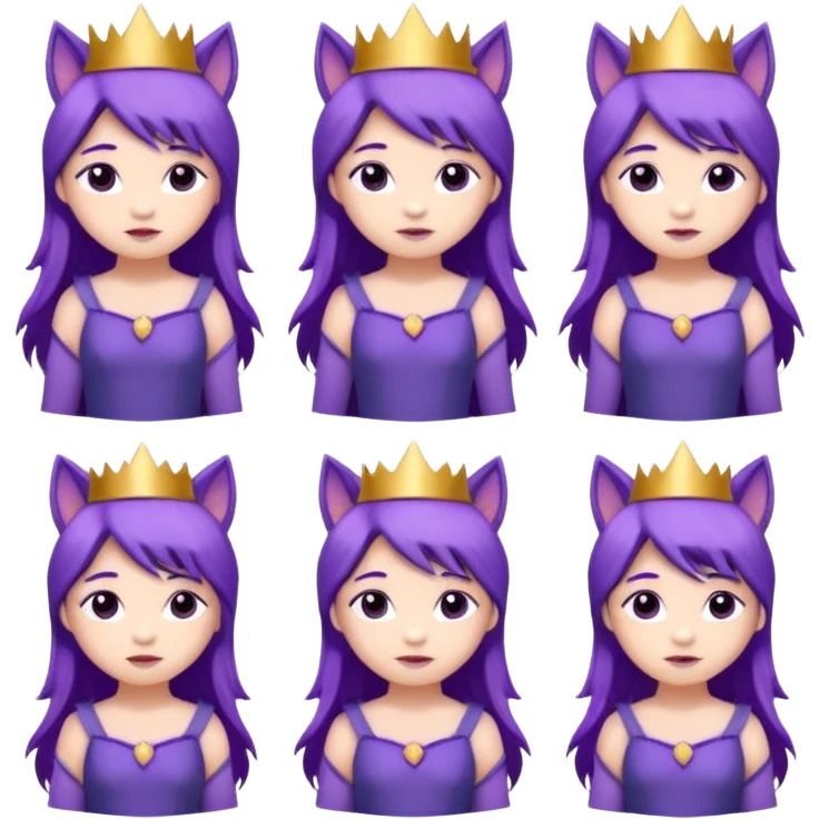 A collection of twelve chibi-style illustrations of a cute princess wearing a purple dress and crown with purple hair and purple wolf ears and purple wolf tail character. Each square shows the character expressing a different emotion against a white background And make a gap between each illusion emoji