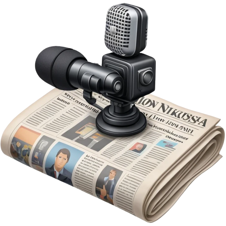 An icon featuring a microphone, a newspaper, a professional camera Nikon D5, representing journalism and mass media. The design includes headlines and imagery, symbolizing the spread of news and information. Transparent background highlights the power of communication and media. emoji