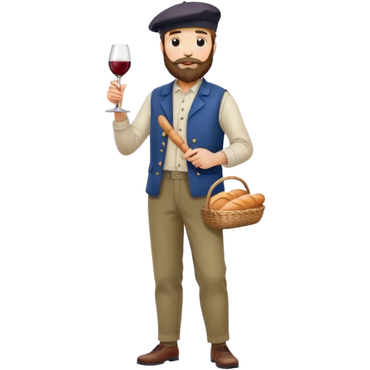 French man with beard, béret, trousers, shoes, holding a baguette and wine  emoji