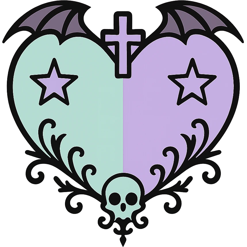 pastel goth heart with mint green and lavender, gothic style, delicate emoji