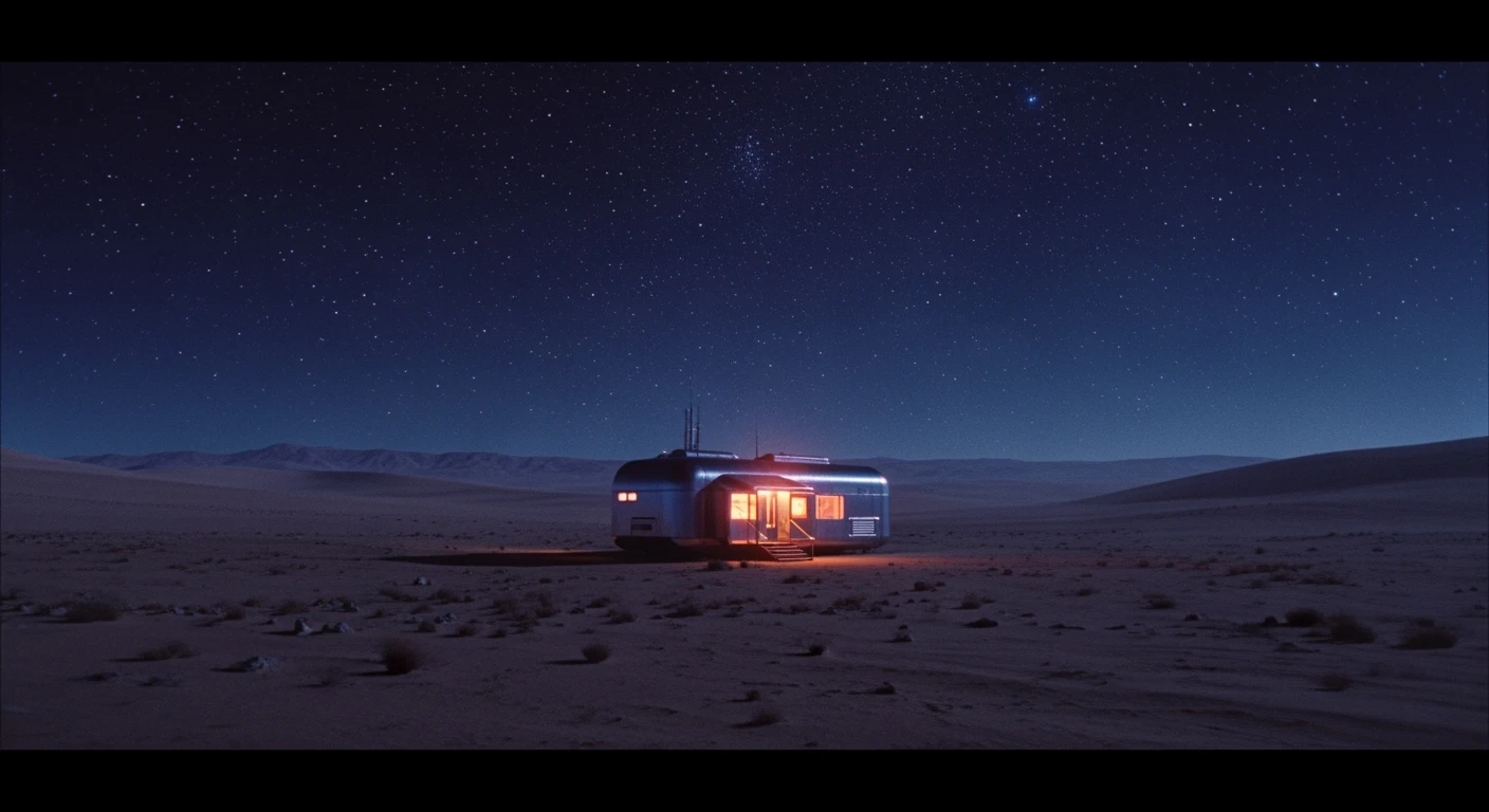 Cinematic still from 1990s Retro Space movie, film called Retro Futurism, Establishing scane showing desert with single small futuristic bulding, big landscape in background showing loneliness emoji