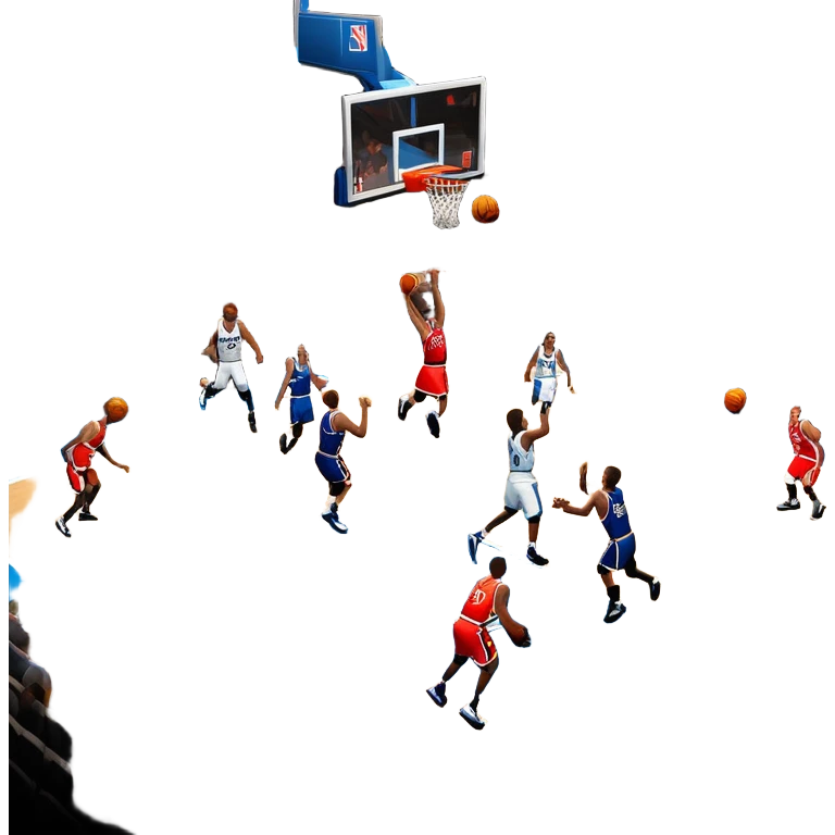An icon showing a basketball court with players in action, inspired by NBA 2K25. A player jumps for a dunk, the ball mid-air, with the court’s floor and surrounding basketball arena visible. Bright lights highlight the excitement of the game. Transparent background. emoji