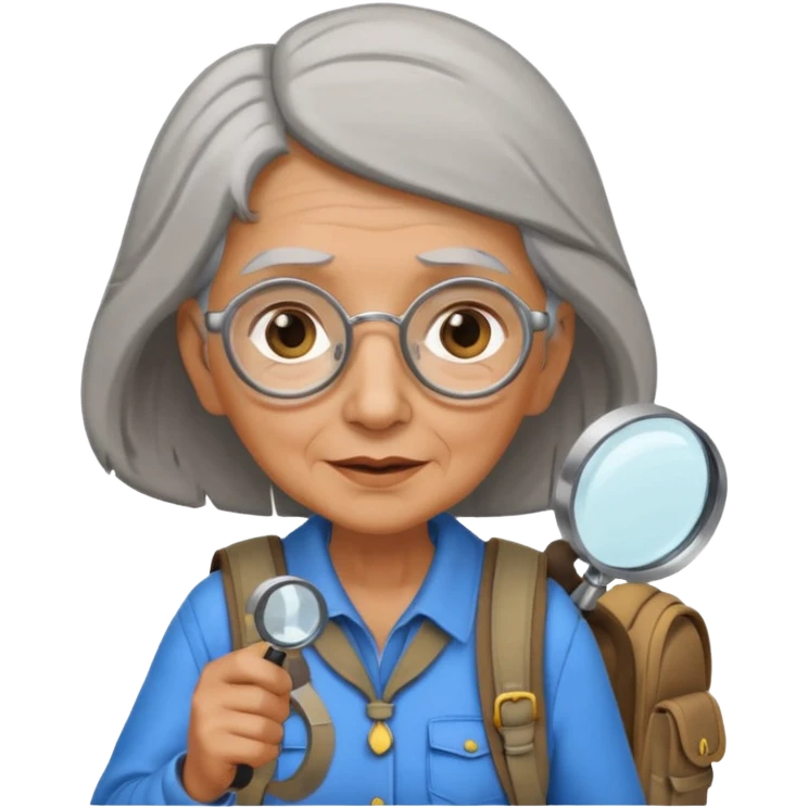 Explorer old woman with magnifying glass and backpack, portrait emoji