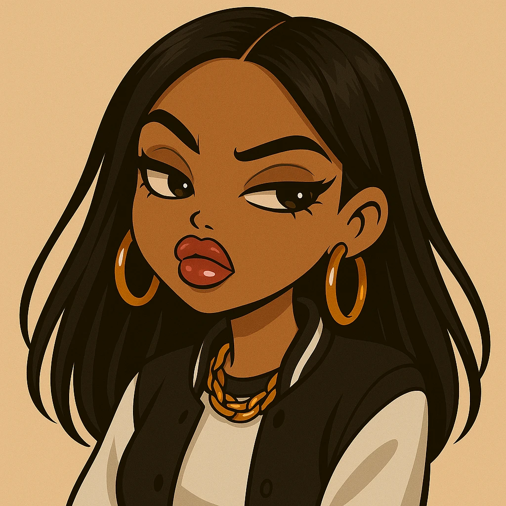 Change her pose to a side-eye, headshot only, 20-year-old anime Bratz style woman with dark skin, straight hair, more casual outfit, big expressive eyes, glossy lips, no hat, no tears, confident and aloof expression, snooty attitude, nose turned up. Render in anime Bratz style with emphasis on glossy lips and big expressive eyes, confident and aloof expression, no hat, no tears. emoji