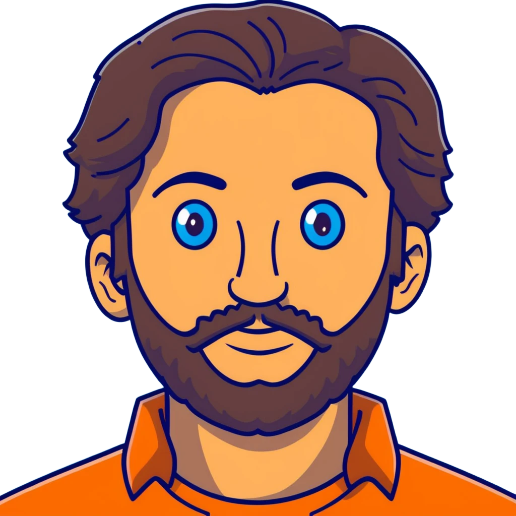 Lebanese man with one blue eye and one brown eye, dark brown longish wavy hair, light beard, closed mouth, kind expression, blue shirt emoji