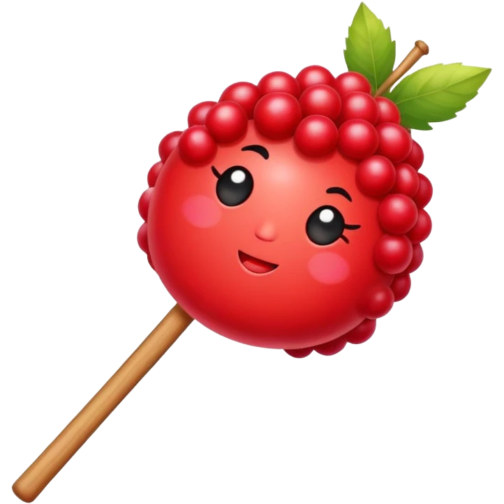Sugar coated Chinese haws fruits crispy red snack, simplified emoji style with bold outlines and bright colors, cartoon style bingtang hulu on stick emoji