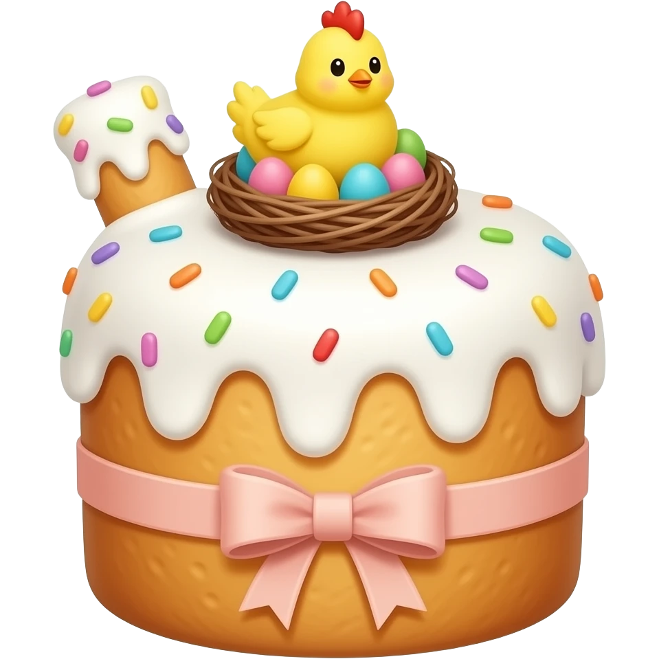 Итальянский коломба золотистого цвета, высокий, с белой глазурью с разноцветной  посыпкой,  с ленточкой вокруг светло розового цвета и украшением сверху в виде гнездышка с очень мелкими  яичками пастельных, желтым пушистым птенчиком с красным гребешком emoji