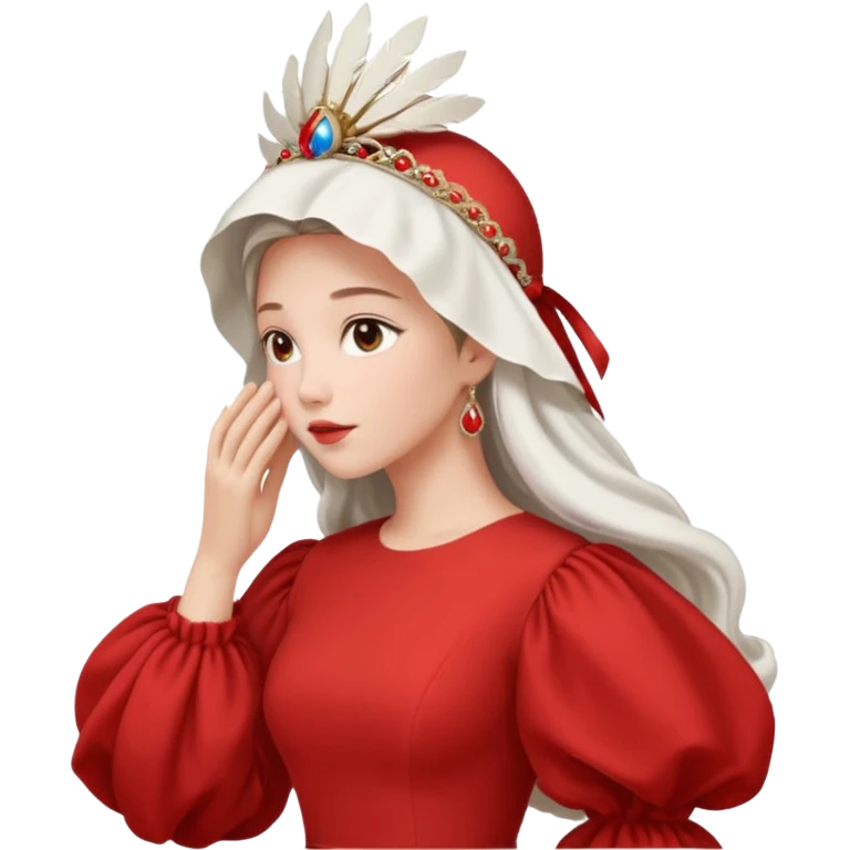 mujer de perfil con un vestido rojo de manga y falsas largas y voluptosas, y una toca blanca GRANDE que no se le ve la cara porque la toca la cubre emoji