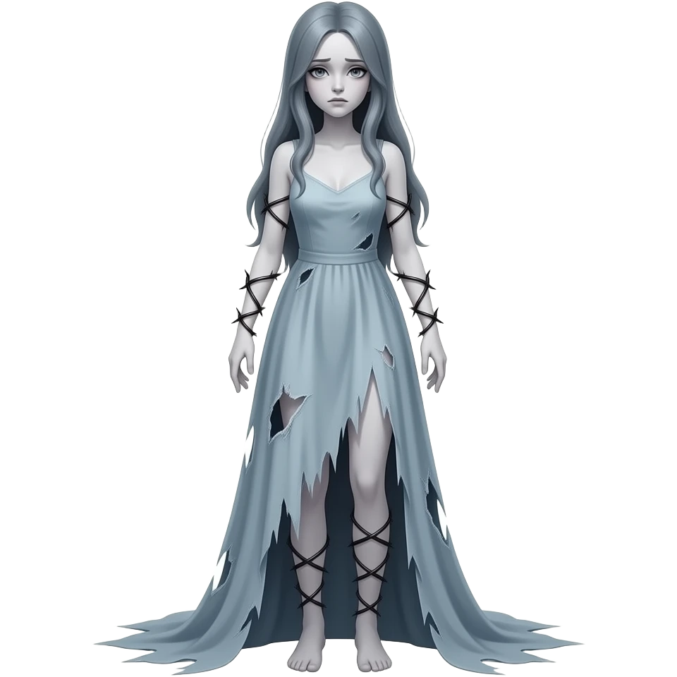 Gloomy ghostly fair lady with long ragged torn tattered dress, thorns across arms and legs, depressed grey blue emoji