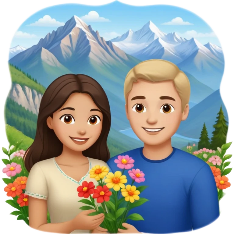 Couple learning each others language  in Montenegro russian man and elegant  Latina girl delicate flowers and mountains in the background  emoji