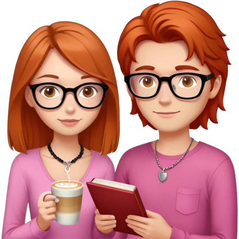 brunette haired girl with hazel eyes drinking latt, hair just below shoulder length and wearing a pink shirt, also with a necklace. Put her with her boyfriend who has orange/red hair, black glasses, and is taller than her. He needs a book in his hand  emoji