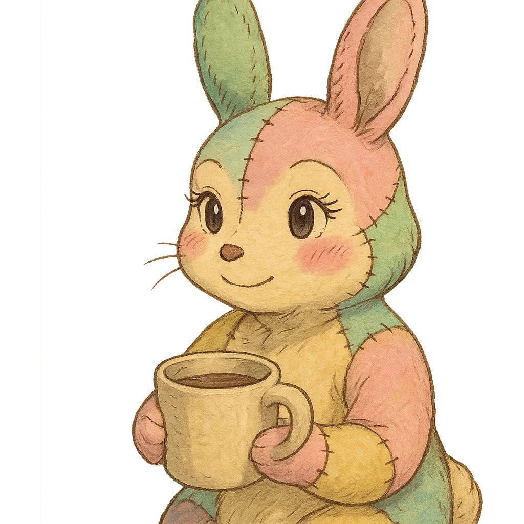 stitched-up rainbow-colored cartoon bunny with feminine features holding a coffee mug in ghibli-inspired style emoji