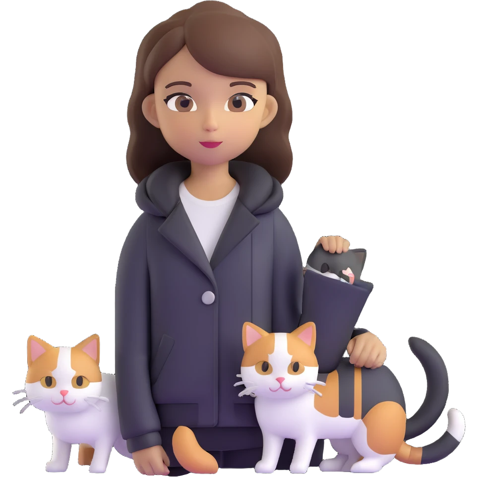 Light-skinned girl with brown straight hair wearing a black jacket, along with one pure white cat and one calico cat emoji