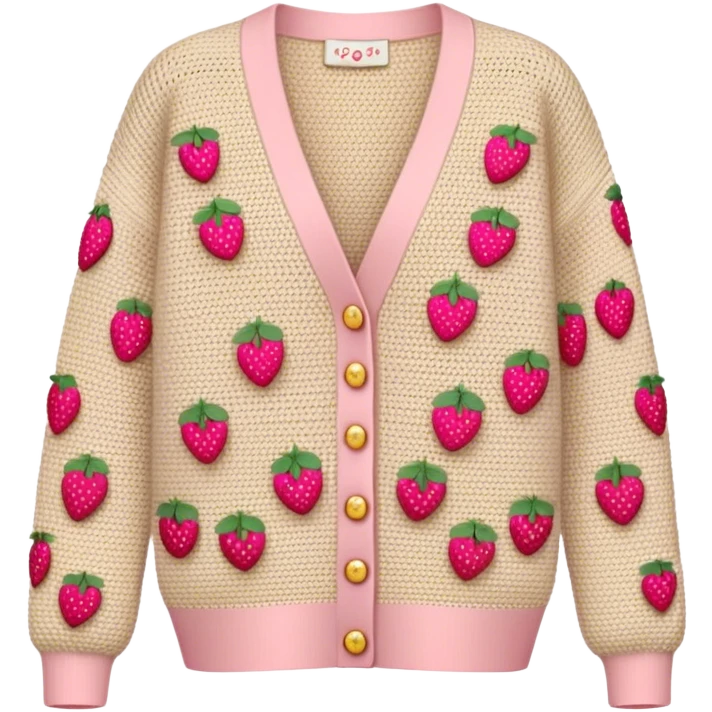 beige crocheted cardigan embroidered with small pink strawberries emoji