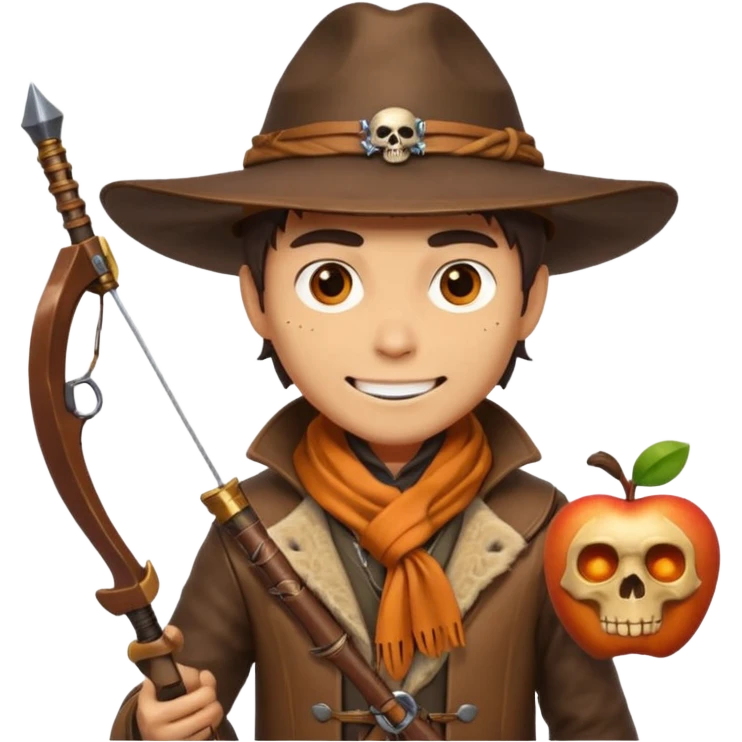 male human monster hunter emoji, wearing brown leather coat and wide hat, holding crossbow or rifle, with amulet shaped like skull, Halloween fantasy theme, confident smile, orange scarf, Apple emoji style, clean white background, square image emoji