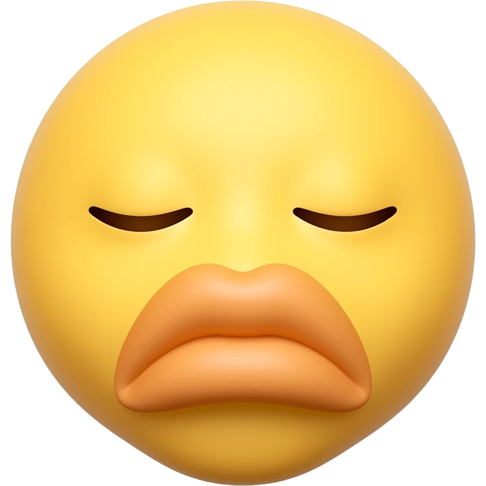 Yellow round head with lips pucked out big with a bit of wrinkles on the lips and eyes closed hard emoji