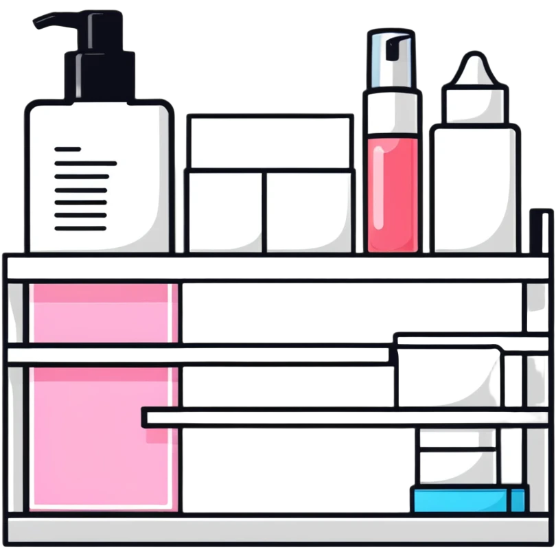 big long white shelf with one serum bottle labeled beauty brand and big sticky note next to it emoji